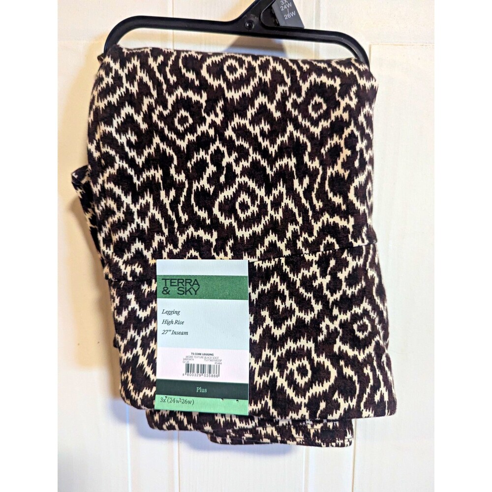 Terra & Sky High Rise Leggings Geometric Black/White/Brown Plus 3XL 27" Aztec